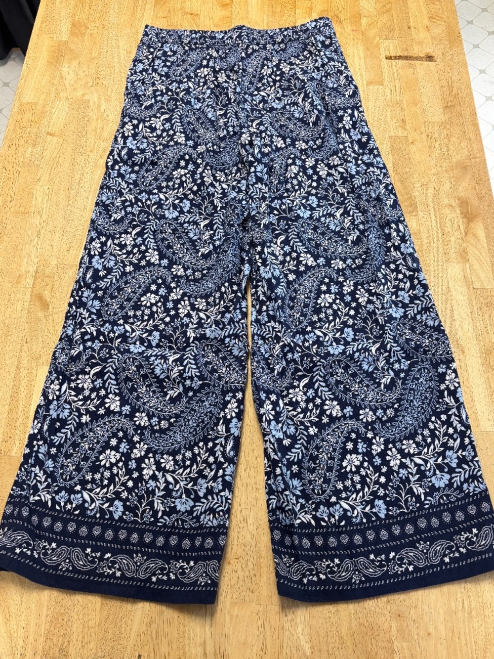 EUC LOFT Linen Blend Navy Paisley Print Wide-Leg Pull On Pants - Picture 4 of 4